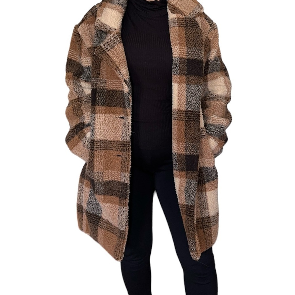 American Eagle Brown Plaid Teddy Faux Sherpa Coat Jacket Size Medium Outerwear